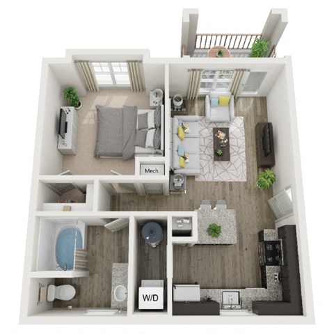 Floor plan for 1 bed, 1 bath, 601 sqft